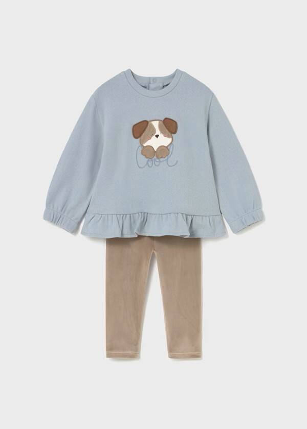 Completo felpa e leggings velluto azzurro/tortora