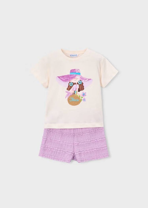Completo maglietta con stampa e shorts volant lilla