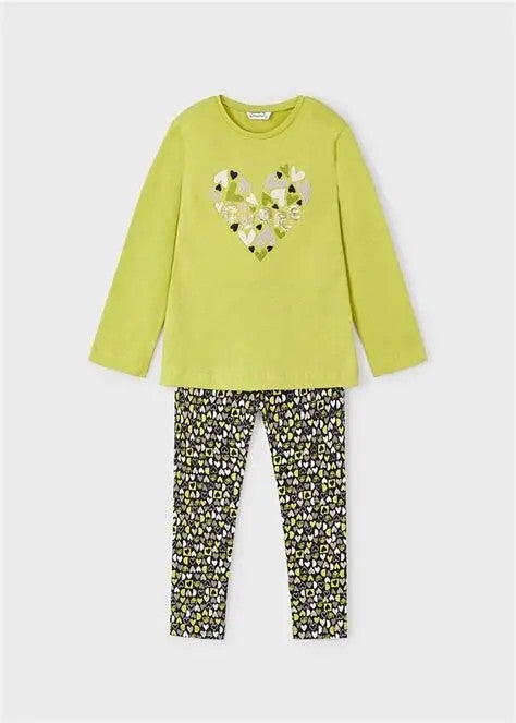 Completo maglietta verde acido e leggings fantasia cuori