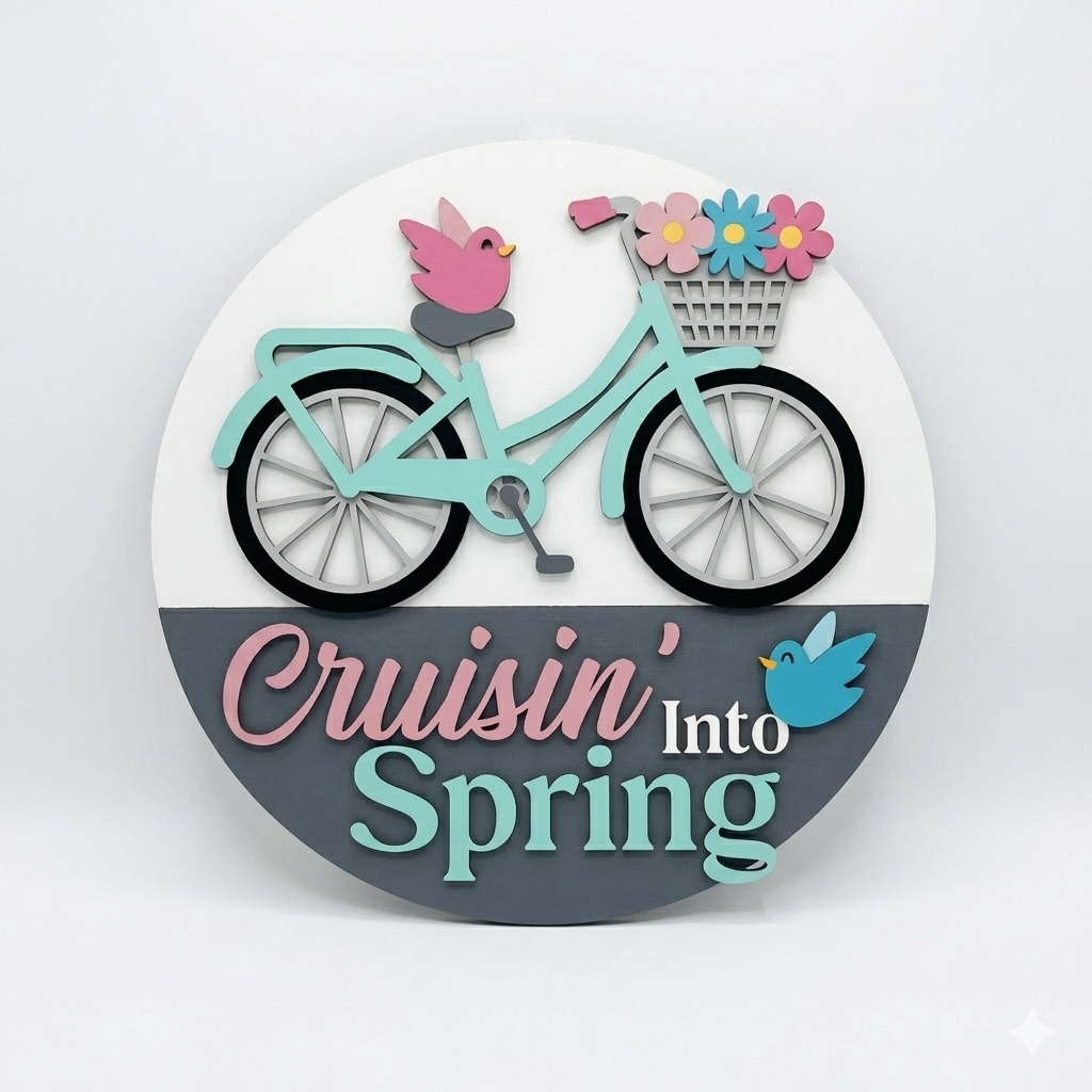 Wandbord 'Cruisin’ Into Spring' – Handbeschilderd Hout – Ø 30 cm