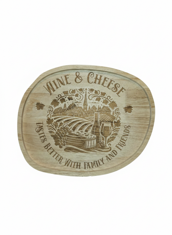 Graveerwerk Snijplank 'Wine & Cheese' – Rustiek Hout – Voor de Beste Borrelmomenten