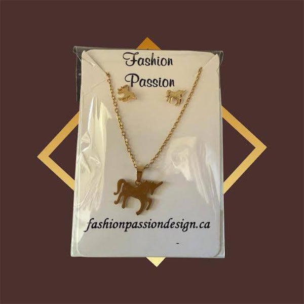 Golden Earring and Necklace Set - Unicorn