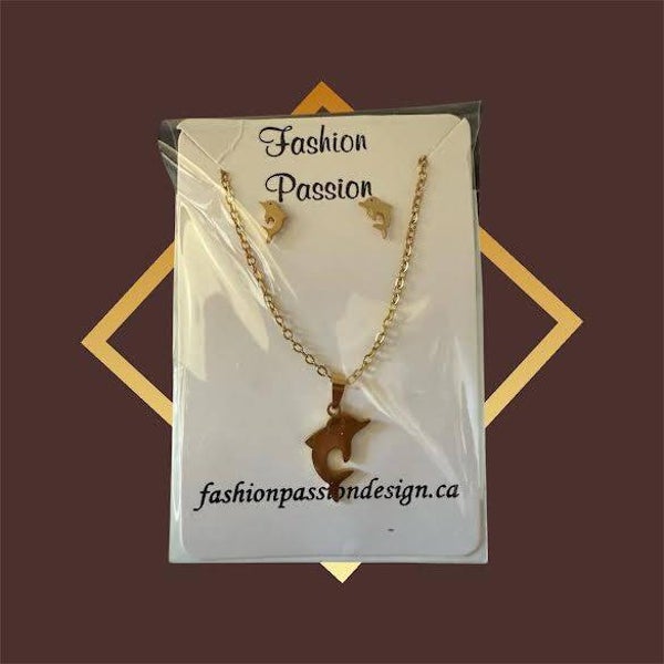 Golden Earring and Necklace Set - Dolphin