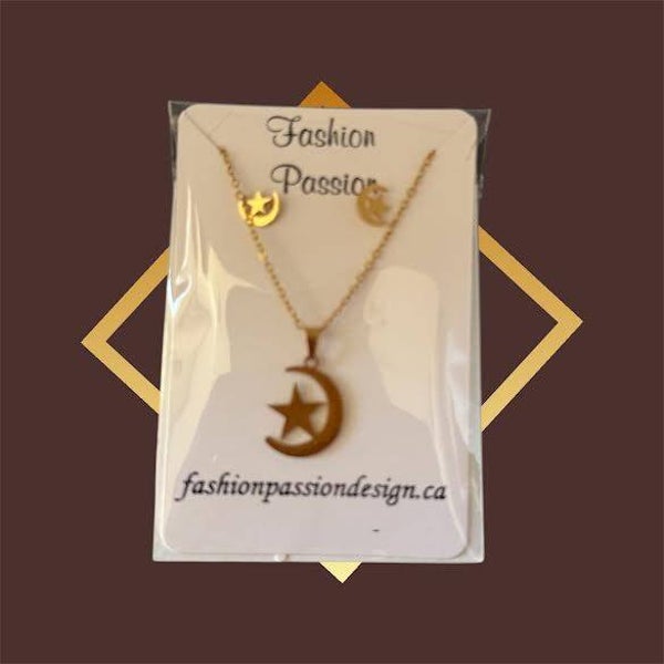Golden Earring and Necklace Set - Star and Moon
