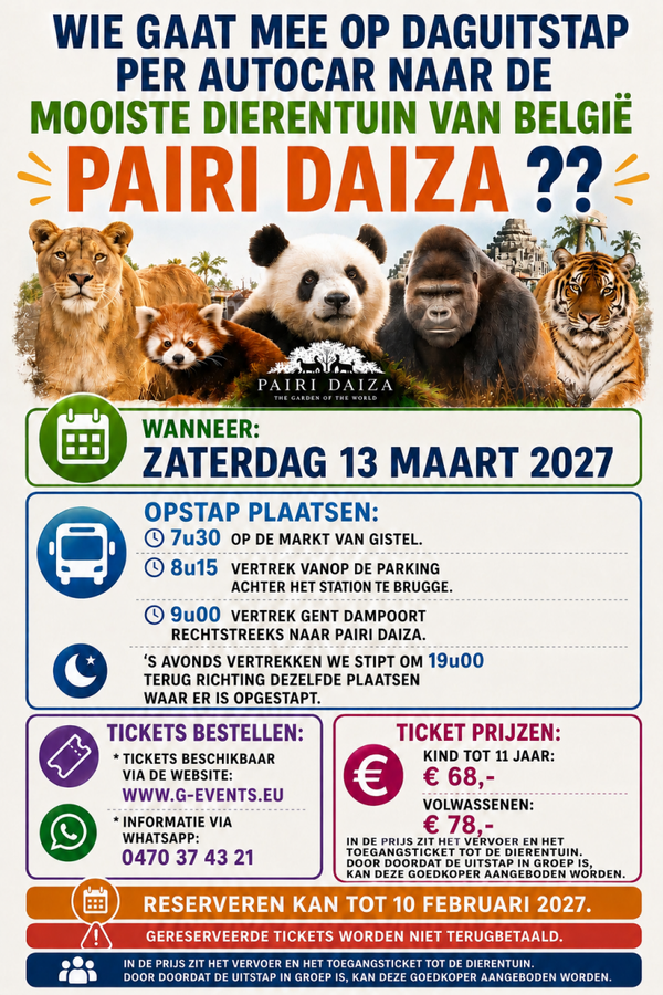 Daguitstap Zaterdag 13 maart 2027 - PARI DAIZA - KIND
