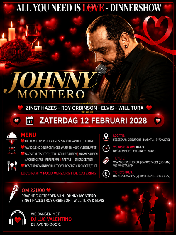 ALL YOU NEED LOVE DINNERSHOW 2028 - ZATERDAG  12 FEBRUARI 2028
