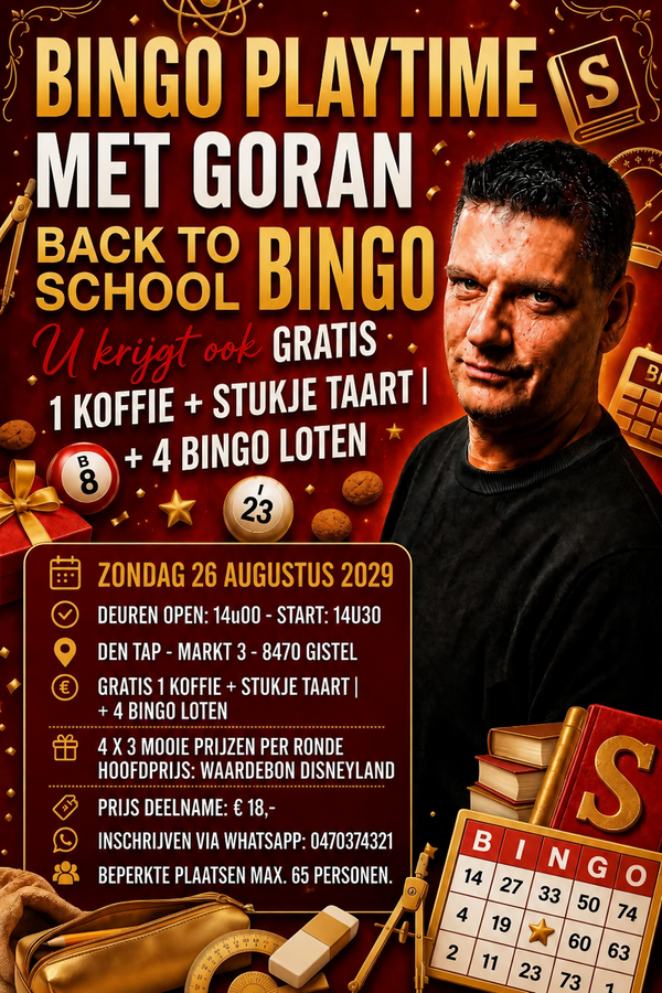 FAMILY BINGO PLAYTIME MET GORAN - ZONDAG 26 AUGUSTUS 2029