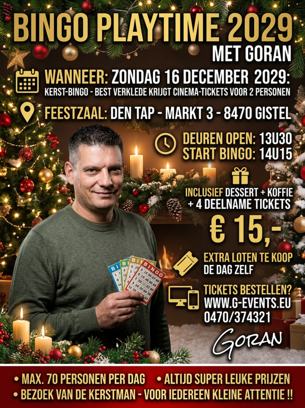 KERST BINGO PLAYTME MET GORAN - ZONDAG 16 DECEMBER 2029