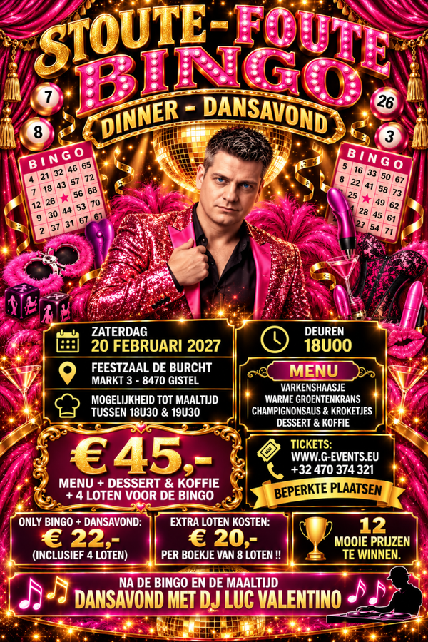 ZATERDAG 20 FEBRUARI 2027: DE STOUTE FOUTE  BINGO - DINNER- DANSAVOND