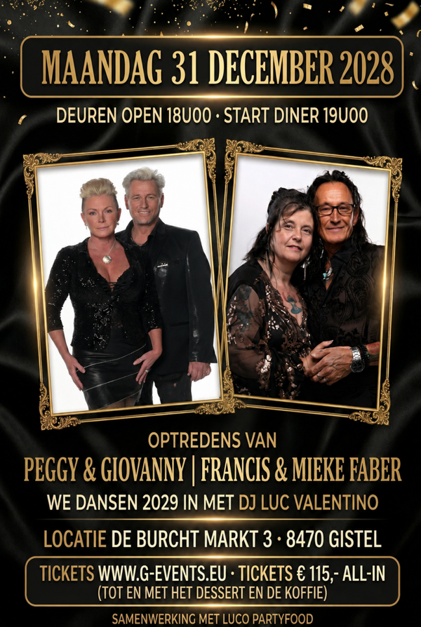 31/12/2028 Oudejaarsavond 2028 Gistel  - ALL IN: € 115,- / VOORGERECHT DUO VAN KROKKETEN.