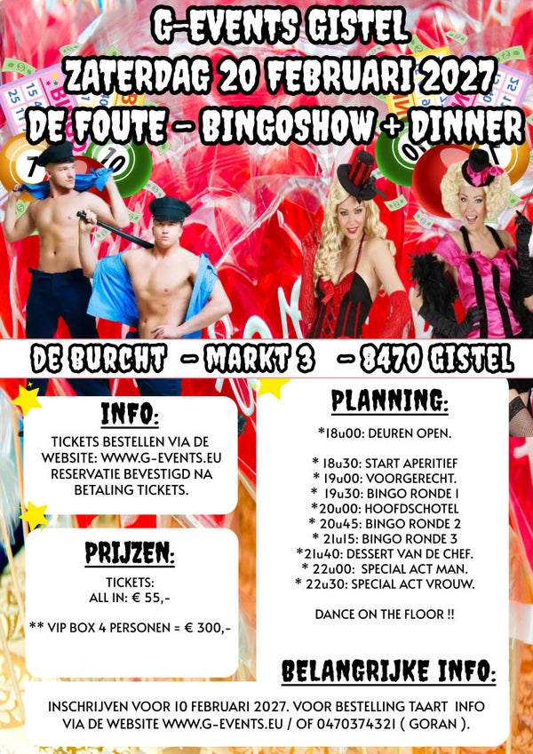 ZATERDAG 20 FEBRUARI 2027: DE STOUTE BINGO - + DANSAVOND