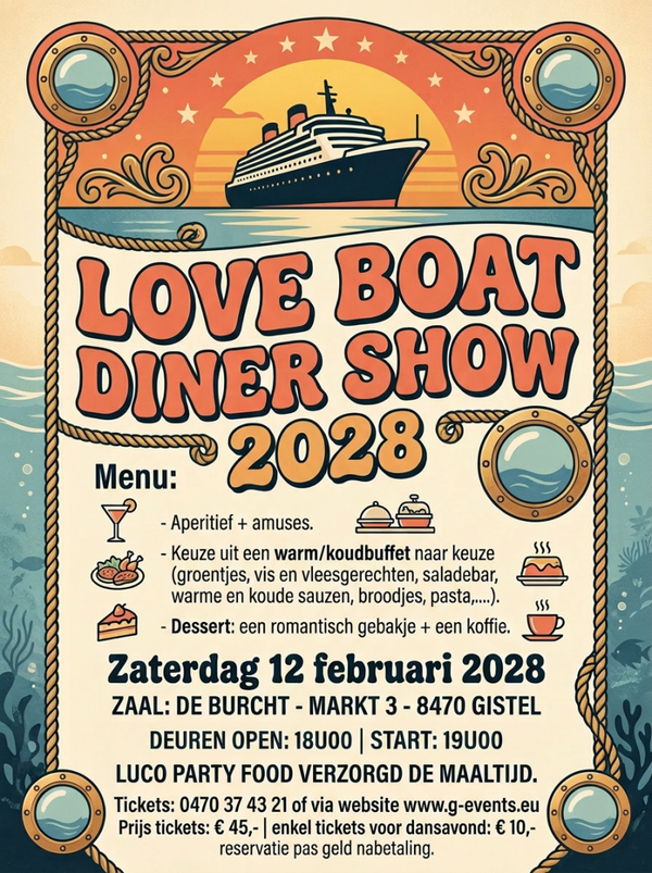 LOVE BOAT DINER-SHOW 2028 - ZATERDAG  12 FEBRUARI 2028