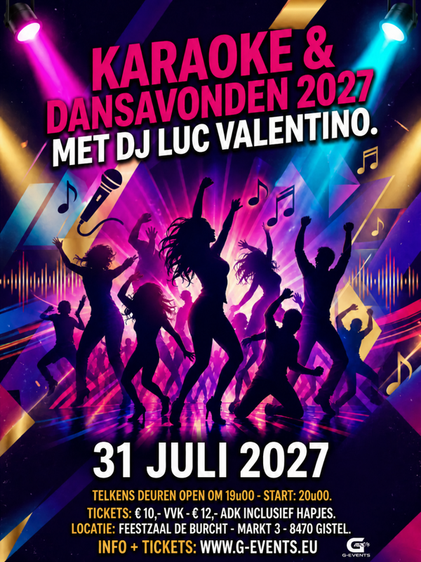 Zaterdag 31 juli 2027: karaoke/dansavond in Gistel.