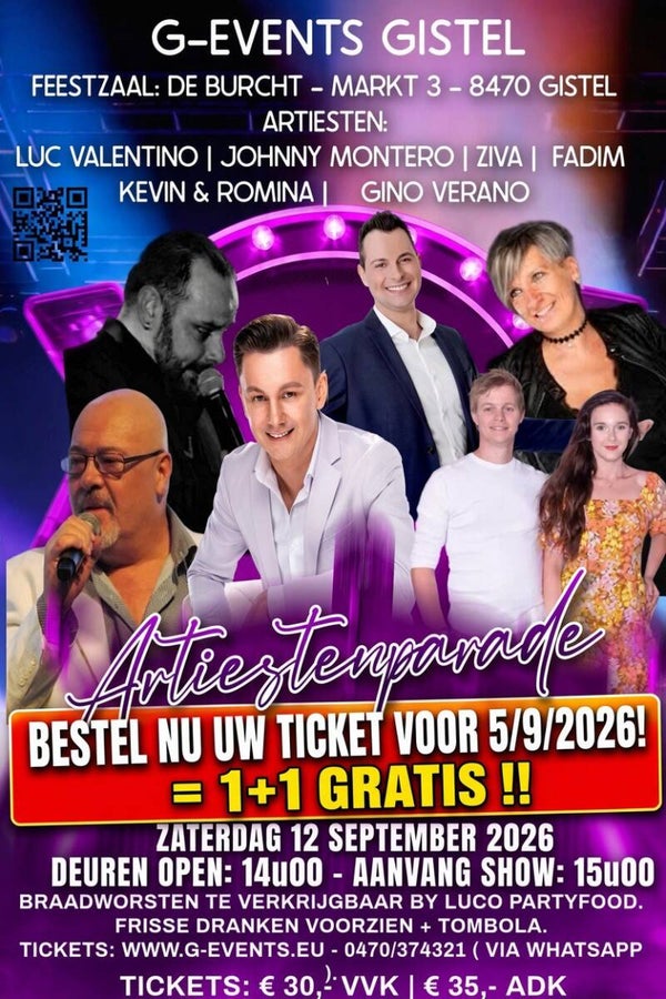 Artiestenparade: 12/9/2026 - OPTREDENS TICKET 1+1 GRATIS