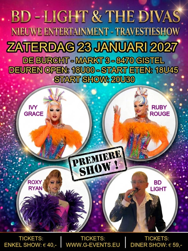 ZATERDAG 23 JANUARI 2027: BD-LIGHT & THE DIVA'S - DINER+ SHOW TICKET