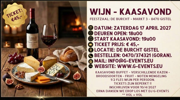 ZATERDAG 17 APRIL 2027: KAAS & WIJNAVOND - + DANSAVOND