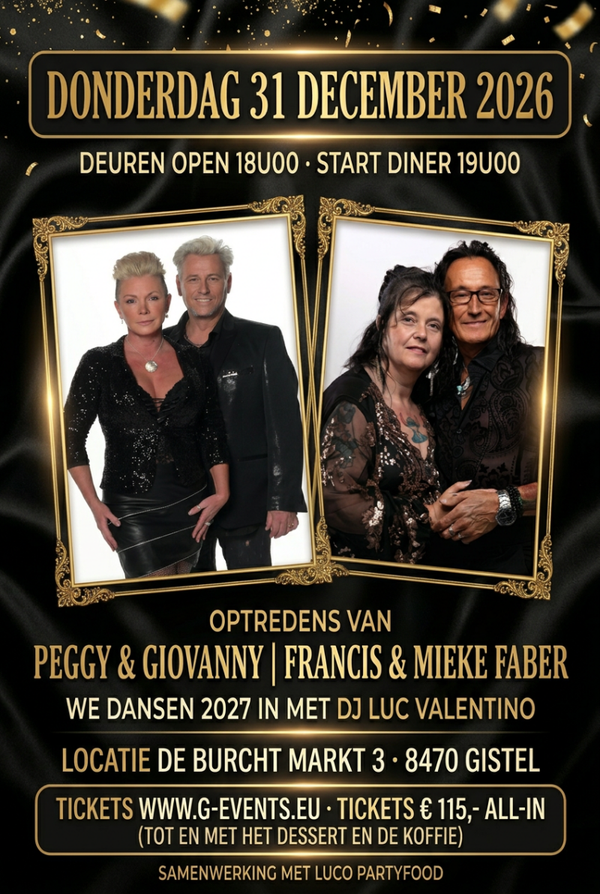 31/12/2026: Oudejaarsavond 2026 Gistel  - ALL IN: € 115,- VOORGERECHT: GARNAALKROKKETJES