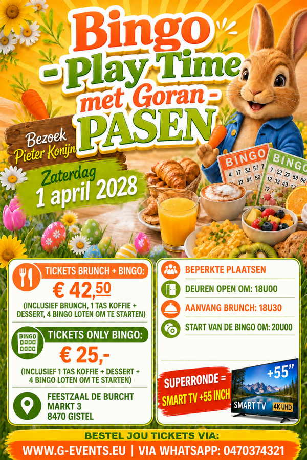 BINGO-PLAYTIME MET GORAN : ZONDAG 2  APRIL 2028