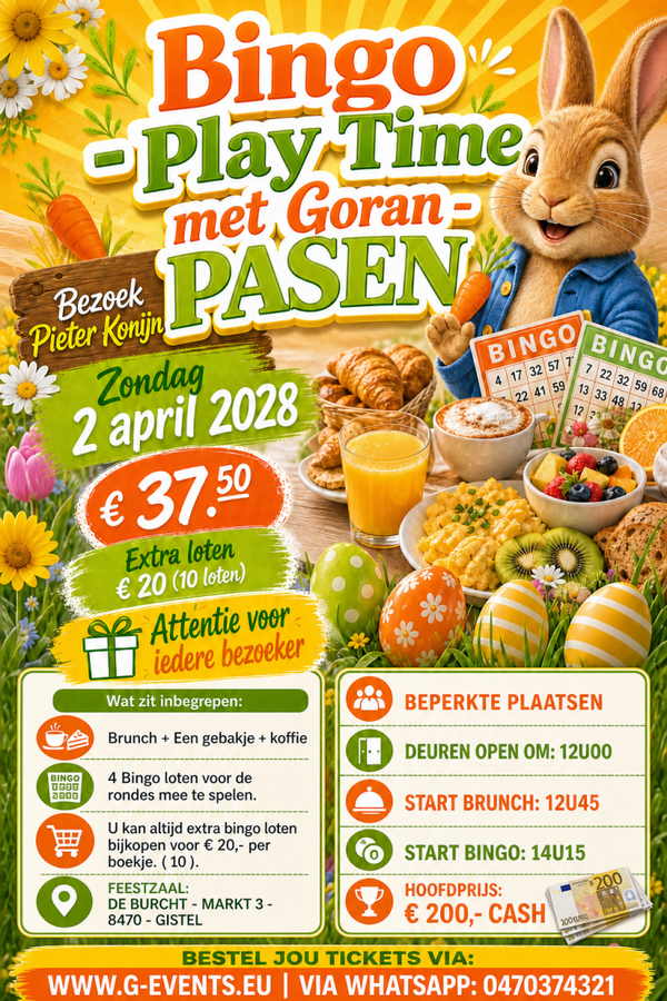 BINGO-PLAYTIME MET GORAN : ZONDAG 2  APRIL 2028