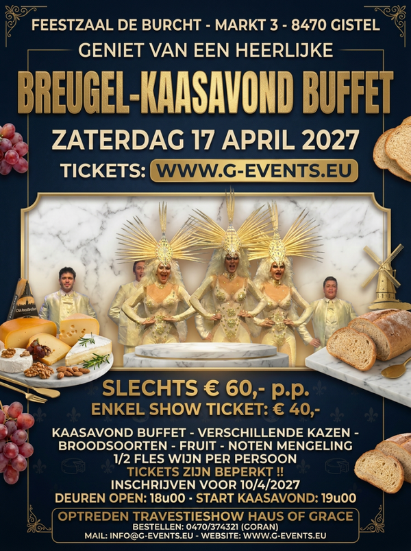 ZATERDAG 17 APRIL 2027: KAAS & WIJNAVOND - + TRAVESTIESHOW