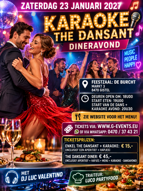 ZATERDAG 23 JANUARI 2027: THE DANSANT DINER - KARAOKE - DANS AVOND