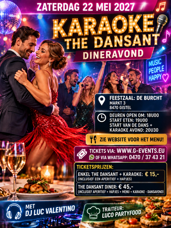 ZATERDAG 22 MEI 2027 - THE DANSANT DINER - KARAOKE + DANSAVOND