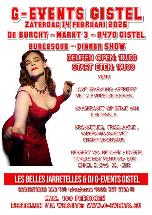 Valentijn Diner + show-avond 14/2/2026 -TICKETS: 59,-€