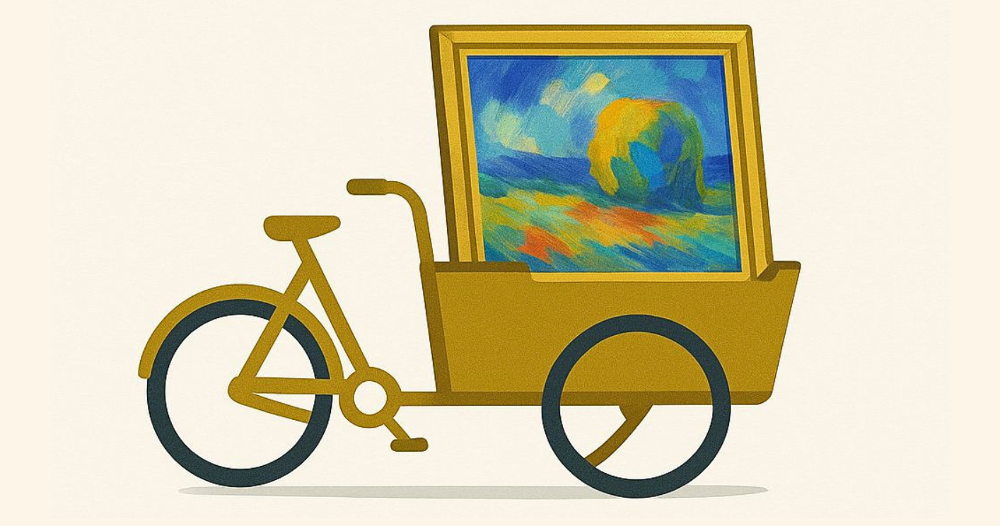 Logo van Vindoré een bakfiets met een schilderij. Vindoré gaat over het samen beleven van kunst. Het roept iets op een emotie, herinneringen vragen. Daarover gaan we samen in gesprek. Jouw blik, jouw verhaal, jouw ervaring. 