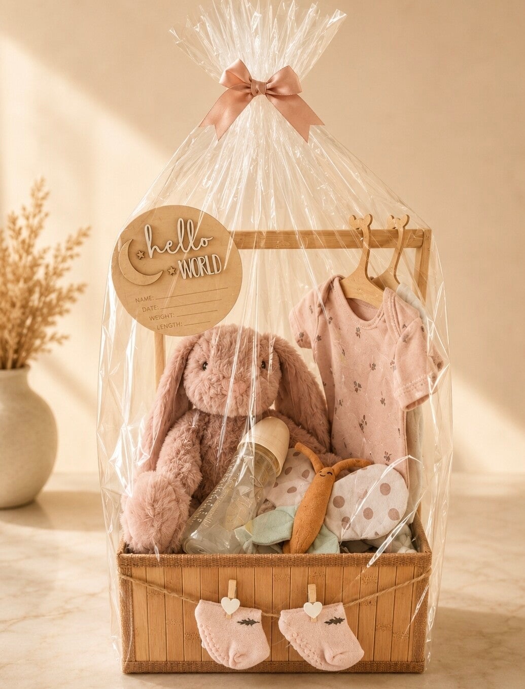 baby basket met roze konijn