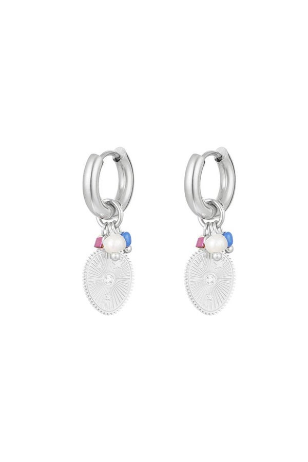 Oorbellen ronde bedel met sterren Zilver Stainless Steel