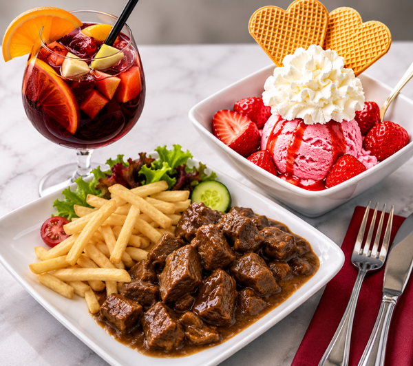 aperetief + stoofvlees + koffie & coupe aardbei