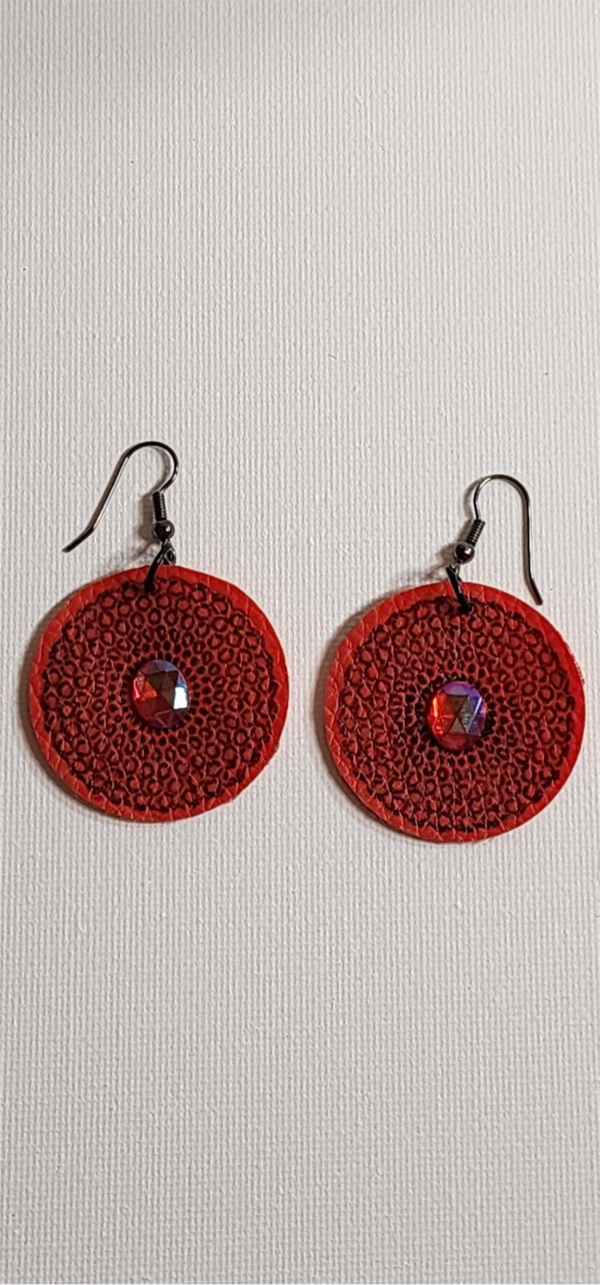 Red earrings with red gem stones.