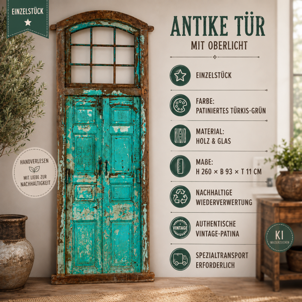 Antike Holztür mit Oberlicht – Türkis | Ein echtes Einzelstück