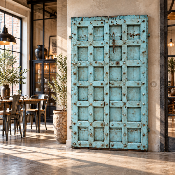 Antike Tür H 176 cm blau Shabby – Wanddeko & Raumteiler