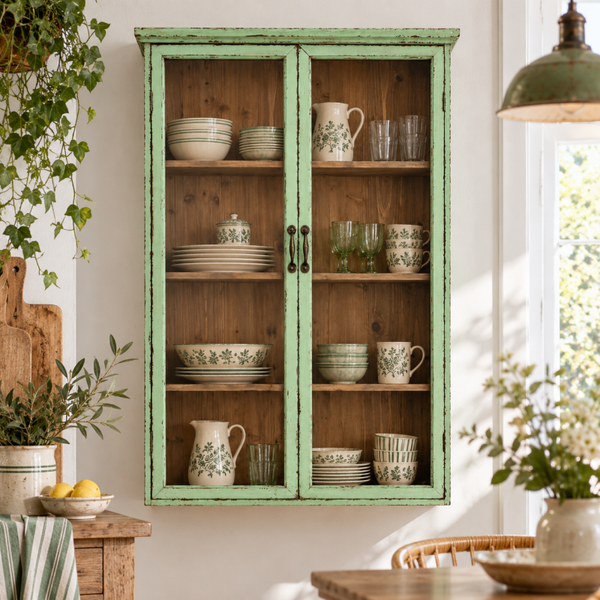 Wandvitrine SAIKA grün H 122 cm - vintage Landhausmöbel