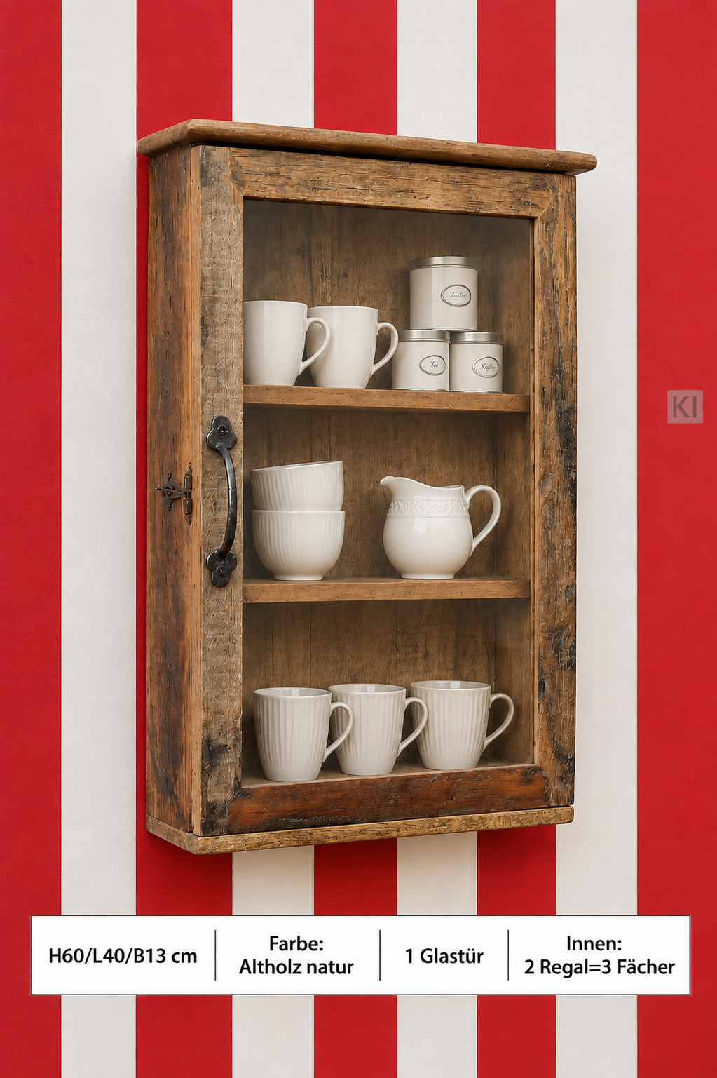 Altholz Wandvitrine H 60 cm, Wandschrank mit Glastür