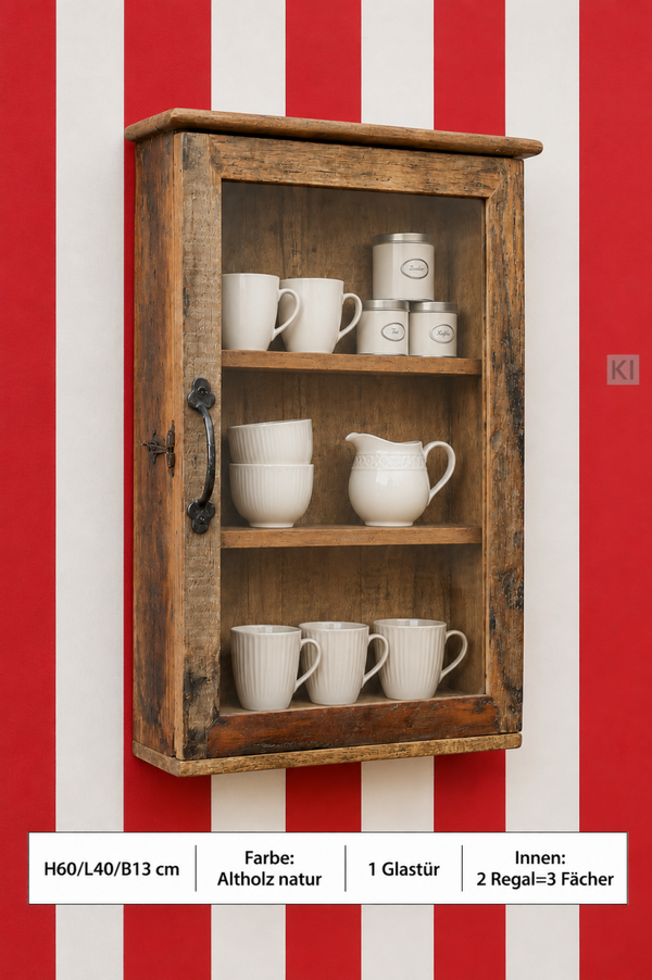 Altholz Wandvitrine H 60 cm, Wandschrank mit Glastür
