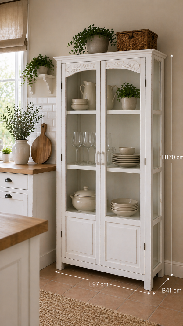 Vitrine LISSI H 170 cm shabby creme-weiß im Landhausstil