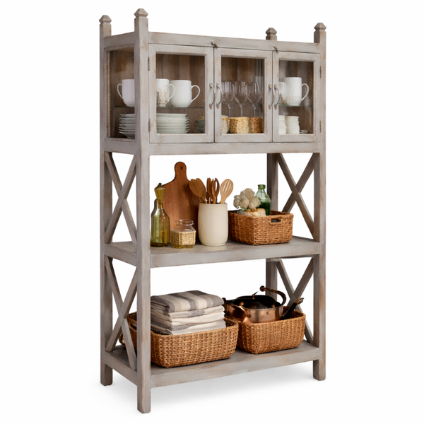 Altes Holzregal H 143 cm Grau mit Vitrine -EINZELSTÜCK-