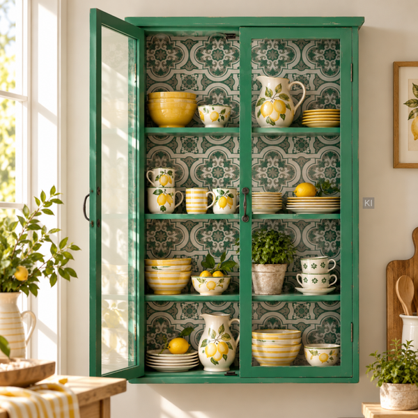 Wandvitrine SILLY H 122 cm grün mit Muster im vintage Landhausstil