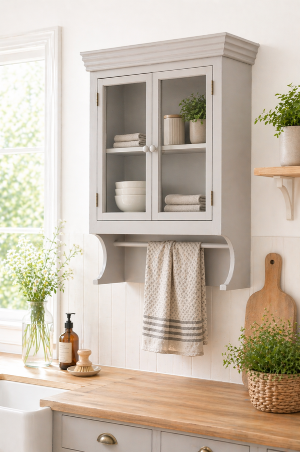Landhaus Wandvitrine Grau mit Handtuchstange