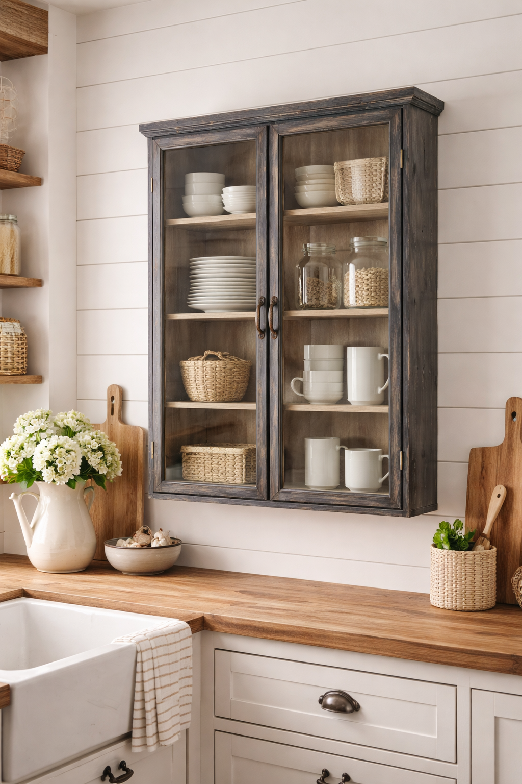 Wandvitrine LILLY H 122 cm schwarz shabby – Wandschrank Landhausstil