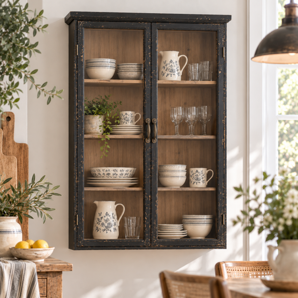 Wandvitrine SAIKA H 122 cm – Shabby Schwarz | Vintage Landhausmöbel