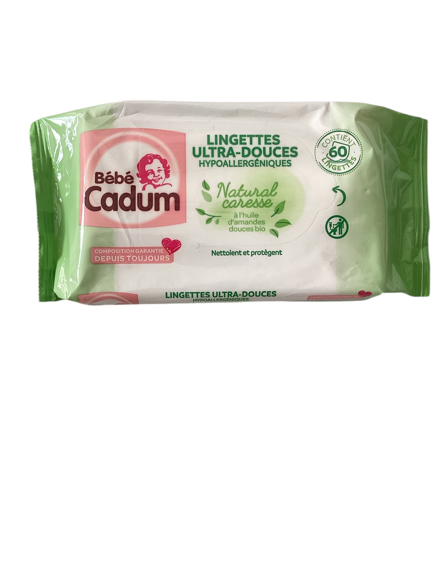 Bébé Cadum Lingettes à l'Huile d'Amande Douce Bio, Pour Visage, Corps et Mains, Hypoallergéniques-(60 Lingettes)