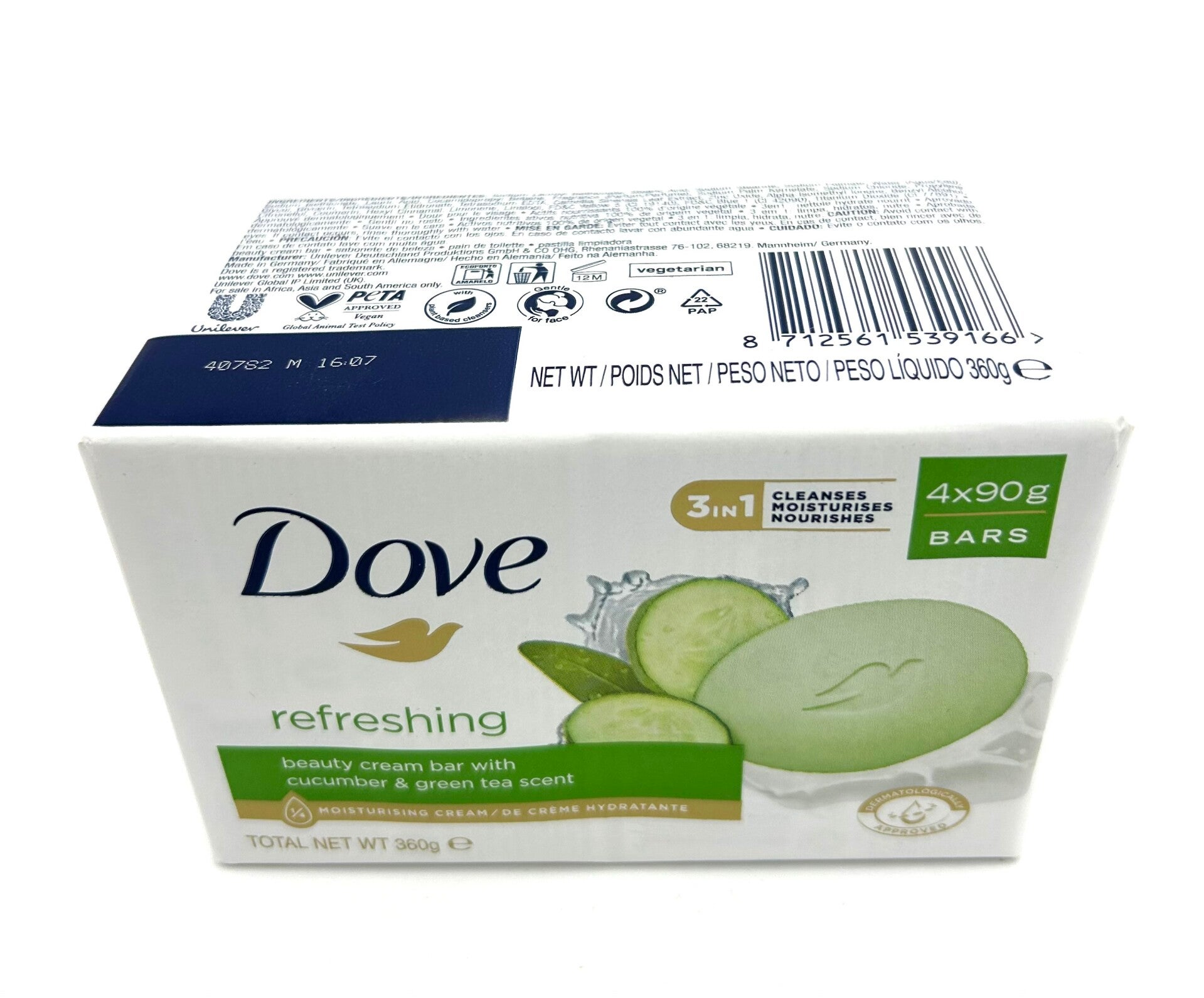 Savon DOVE crème au concombre et thé vert  3 en 1 (4x90g)
