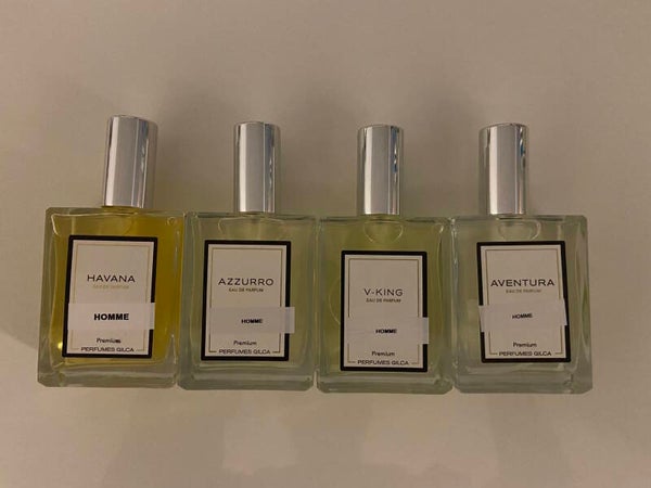 4 PARFUMS D'HOMME 100ML: V-KING, AVENTURA, AZURRO, HAVANA GILCA