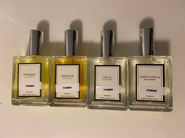 4 PARFUMS POUR FEMME 100ML: NILO, AVENTURA W, ORQUID ET PRADIS DE LA MARQUE GILCA