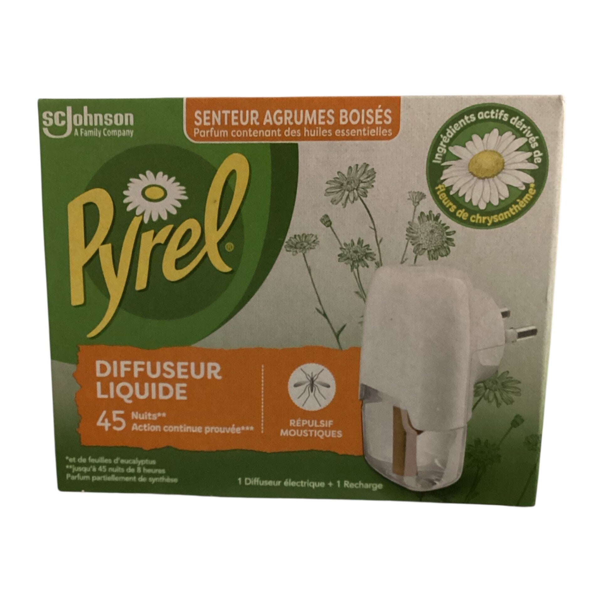 Pyrel- Anti-Moustiques Diffuseur et Recharge Liquide Senteur Agrumes Boisés 45 Nuits