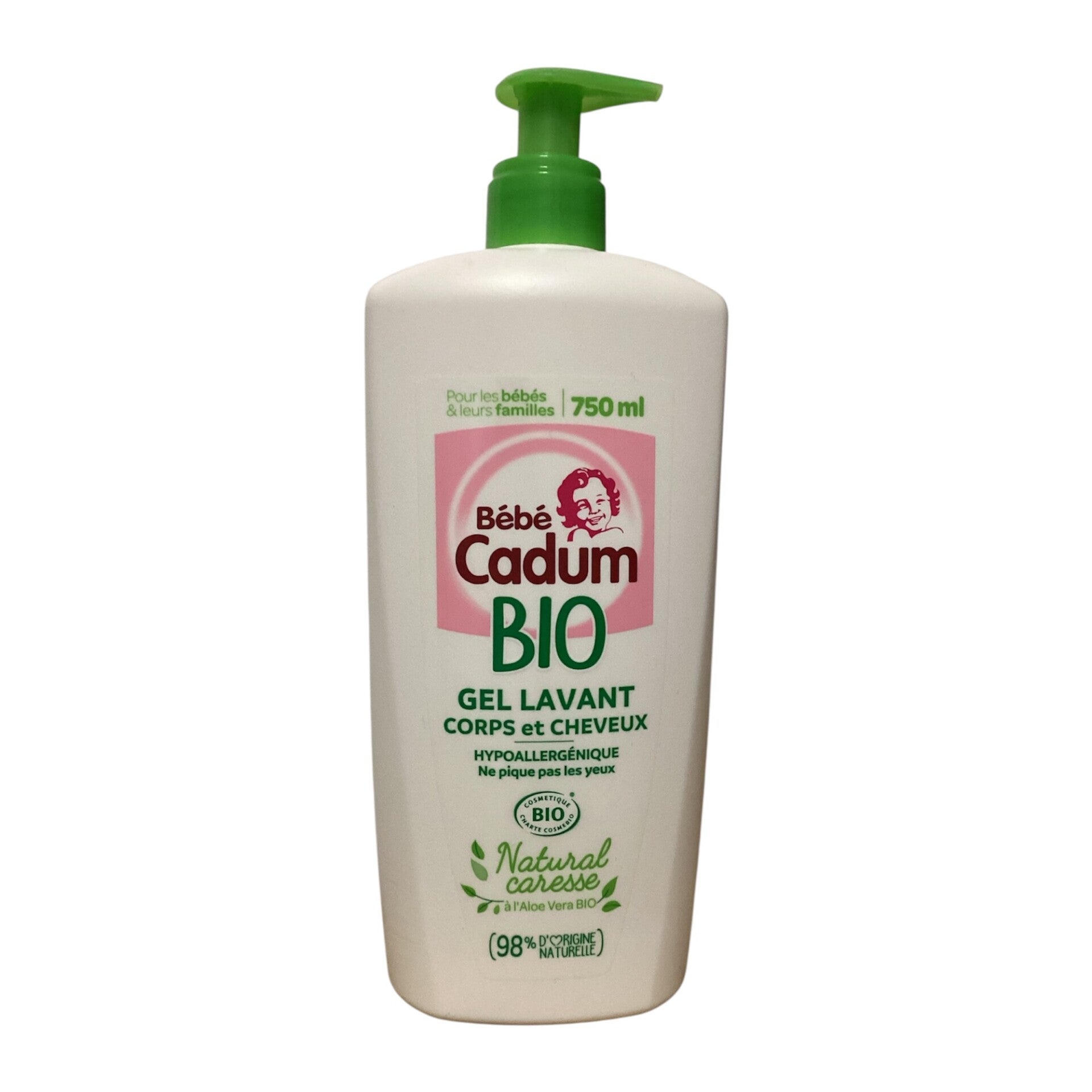 Bébé Cadum Bio Gel Lavant Corps et Cheveux Hypoallergénique Natural Caresse à l'Aloe Vera Bio 750ml