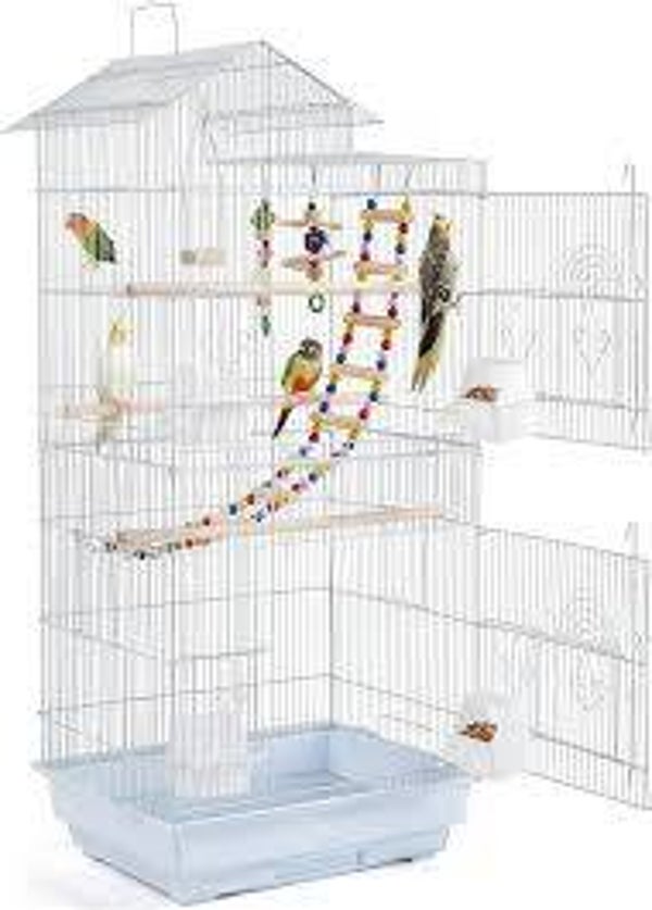 Large Metal Bird Cage Roof Top Parrot Cage Budgie Cage for Cockatiel/Conure/Parakeet/Lovebird/Finch White 46L x 35.5W